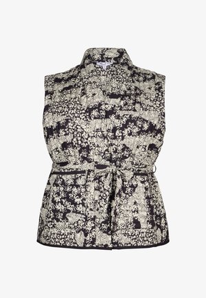 Mouwloos zwart vest met beige bloemenprint, V-hals, gewatteerde textuur, twee zakken aan de voorkant en een riem om te strikken aan de voorkant.