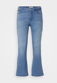 Light blue flared jeans with a faded finish. Features minor distressed areas, five-pocket design, and a button closure. Cotton material.