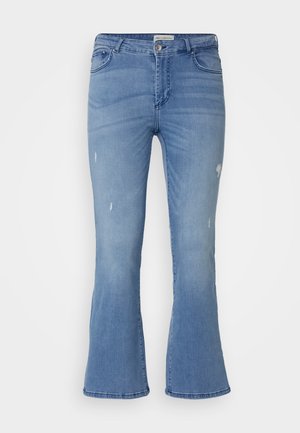 Light blue flared jeans with a faded finish. Features minor distressed areas, five-pocket design, and a button closure. Cotton material.