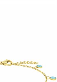 Pulsera de cadena de oro con dos acentos de piedra preciosa azul, un cierre de langosta y longitud ajustable con enlaces adicionales.