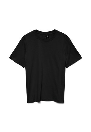 Czarny t-shirt z krótkim rękawem i okrągłym dekoltem, o gładkim wzorze, ułożony na płasko na białym tle.