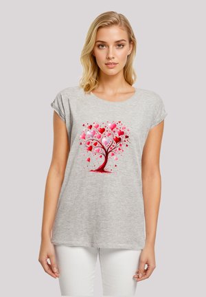 Gray short-sleeve t-shirt featuring a colorful heart tree design in pink and red hues, with a relaxed fit and soft fabric texture.