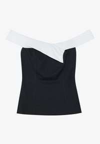 Černý top s širokým off-white ramenním pásem. Má přiléhavý střih, hladký materiál a čisté linie.