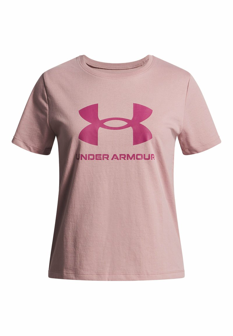 Rožinė medvilninė marškinė su dideliu violetiniu "Under Armour" logotipu per krūtinę. Trumpomis rankovėmis ir apvaliu iškirpimu. Minkšta tekstūra.