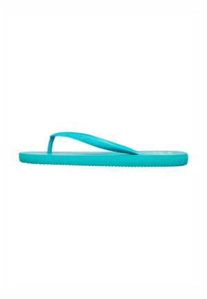 Flip-flop sandal in bright turquoise. Made of rubber, featuring a flat sole and skinny straps. Smooth texture with a ribbed edge.