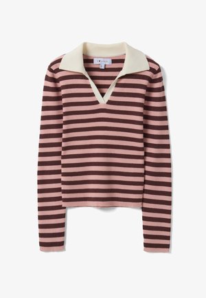 Langärmeliger gerippter Pullover mit horizontalen rosa und braunen Streifen und weißem offenem Kragen.
