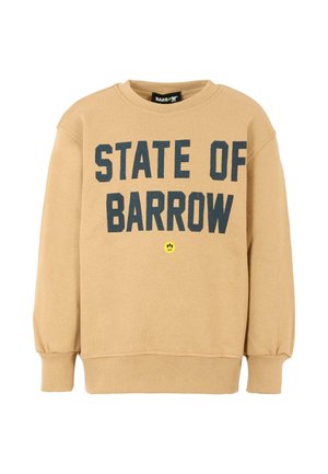 Felpa khaki con scollo rotondo, maniche lunghe, testo in grassetto nero che recita "STATE OF BARROW" e un piccolo dettaglio di faccina sorridente gialla.