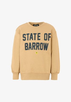 Felpa khaki con scollo rotondo, maniche lunghe, testo in grassetto nero che recita "STATE OF BARROW" e un piccolo dettaglio di faccina sorridente gialla.