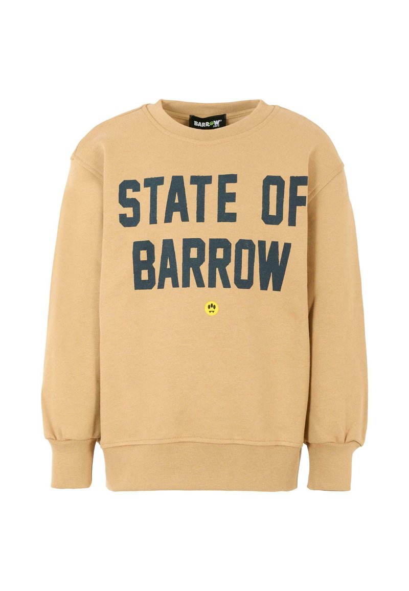 Felpa khaki con scollo rotondo, maniche lunghe, testo in grassetto nero che recita "STATE OF BARROW" e un piccolo dettaglio di faccina sorridente gialla.