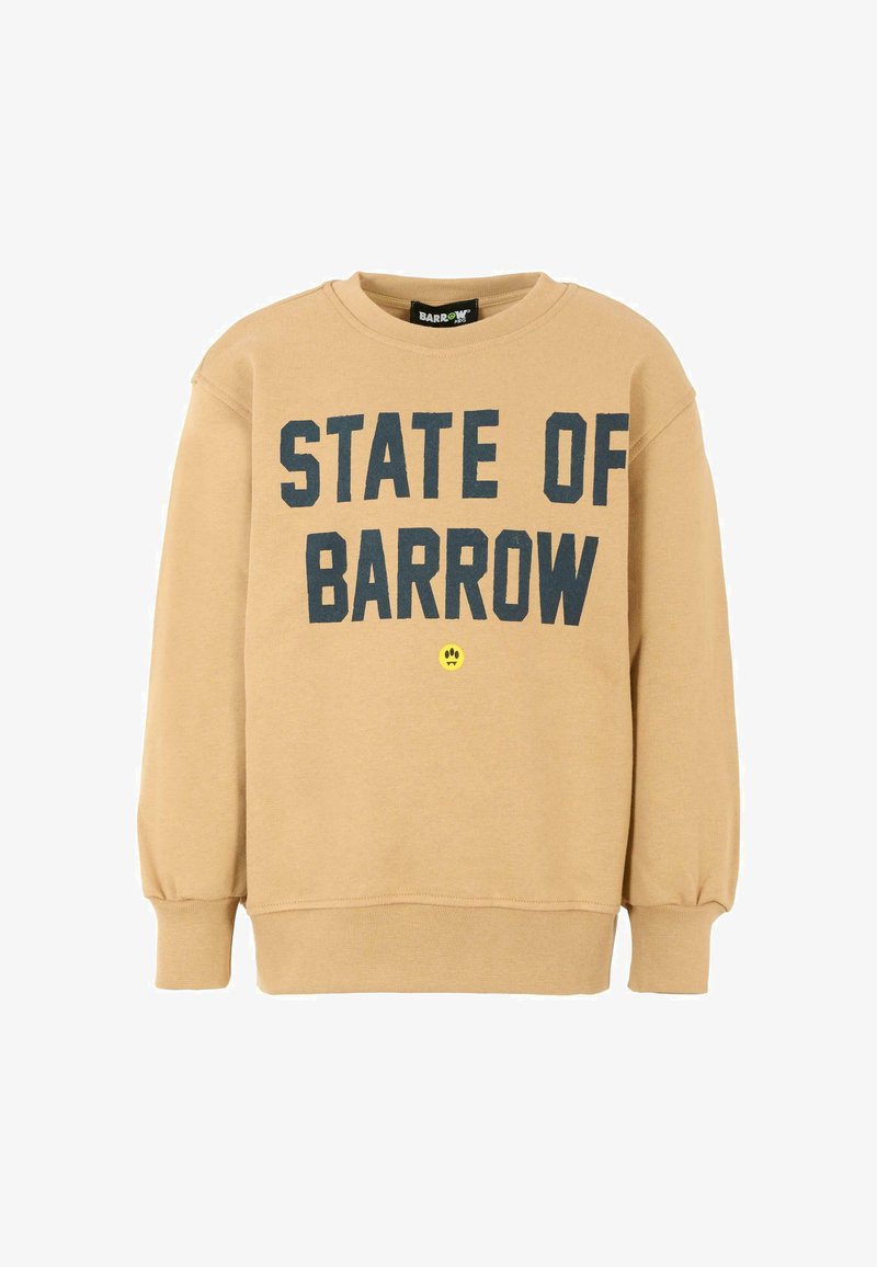 Felpa khaki con scollo rotondo, maniche lunghe, testo in grassetto nero che recita "STATE OF BARROW" e un piccolo dettaglio di faccina sorridente gialla.