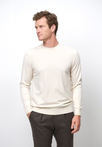 Maglione beige a maniche lunghe realizzato in morbido tessuto a maglia, con colletto rotondo e polsini a coste, indossato con pantaloni marroni su misura.
