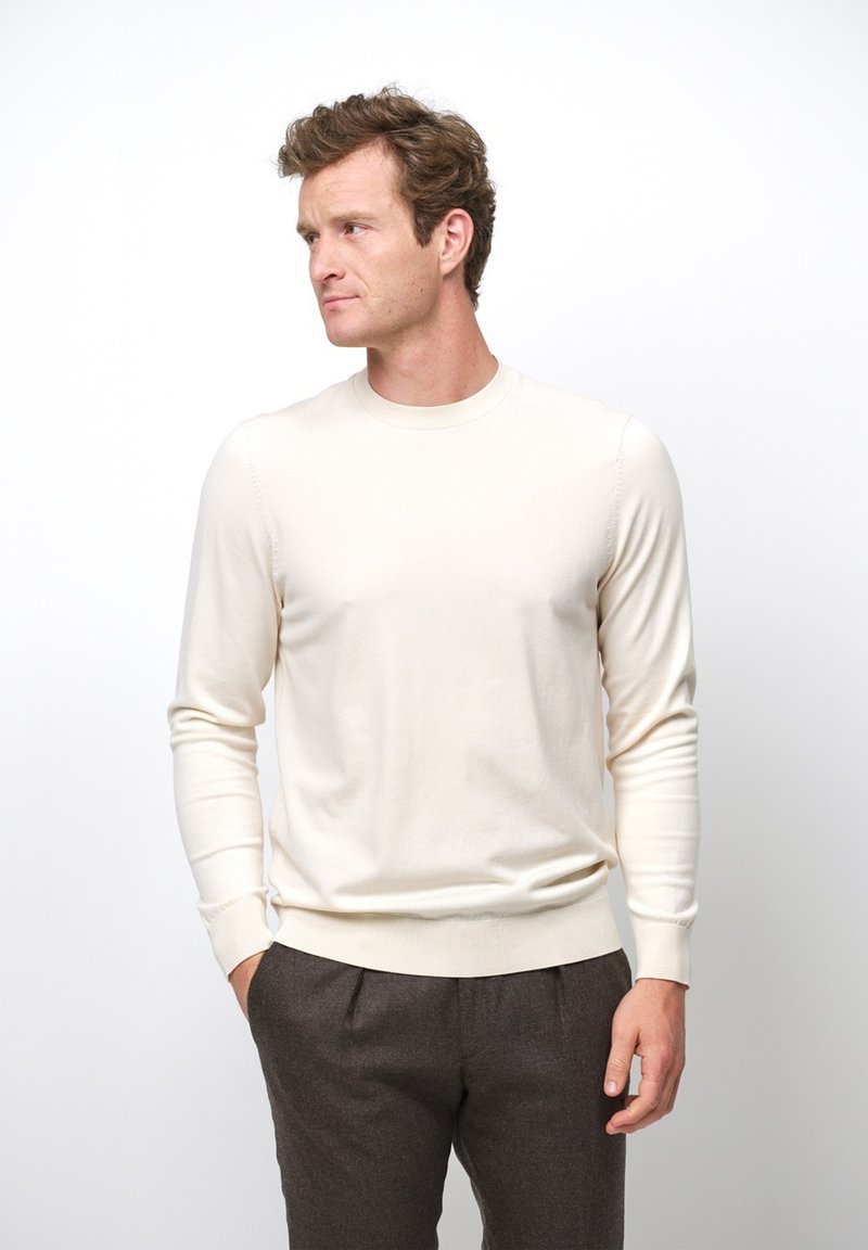 Maglione beige a maniche lunghe realizzato in morbido tessuto a maglia, con colletto rotondo e polsini a coste, indossato con pantaloni marroni su misura.