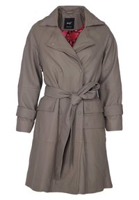 Szary skórzany płaszcz trench z paskiem w talii, dużym kołnierzem oraz zapięciami na napy. Posiada gładką fakturę i dwie przednie kieszenie.