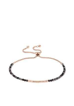Adjustable rose gold bracelet with alternating small black and rose gold beads, displayed on a white background.