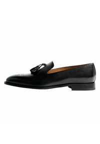 Crne kožne loafers cipelice s glatkom završnom obradom, s izrezbarenim dizajnom i dekorativnim resicama sprijeda. Uski profil s niskim potplatom.