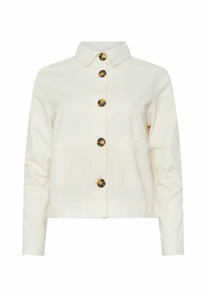 Cremefarvet jakke med lange ærmer, krave, to frontlommer og fem store brune knapper midt på.