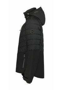 Czarna ocieplana zimowa kurtka z kapturem, boczną kieszenią na zamek i regulowanymi mankietami, pokazana z boku.
