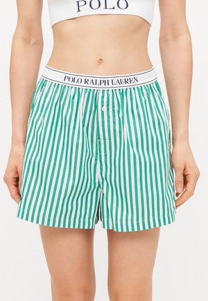 Groen en witte gestreepte shorts met een knoopsluiting en een elastische tailleband met een "Polo Ralph Lauren"-logo. Lichtgewicht stof.