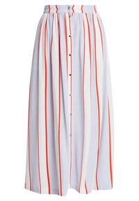 Světlounce modrá midi sukně s vertikálními červenými pruhy, nařaseným pasem a předním zapínáním na knoflíky. Hladká textura bez viditelných vzorů.