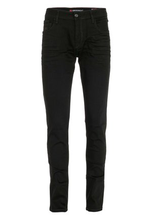 Zwarte denim jeans met een slim fit, vijf zakken, contrasterende stiksels en een knoopsluiting bij de taille.