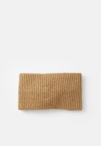 Brown ribbed knit headband with a textured fabric, featuring a rectangular shape with a consistent pattern throughout.