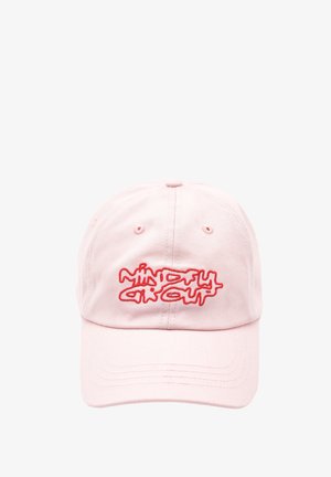 Pink baseball cap made of cotton, featuring a curved brim and raised red embroidered text with a wavy design. Adjustable strap at the back.