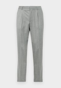 Light gray tailored dress pants with front pleats, belt loops, and a straight leg cut against a white background.