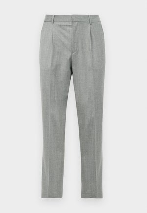 Light gray tailored dress pants with front pleats, belt loops, and a straight leg cut against a white background.