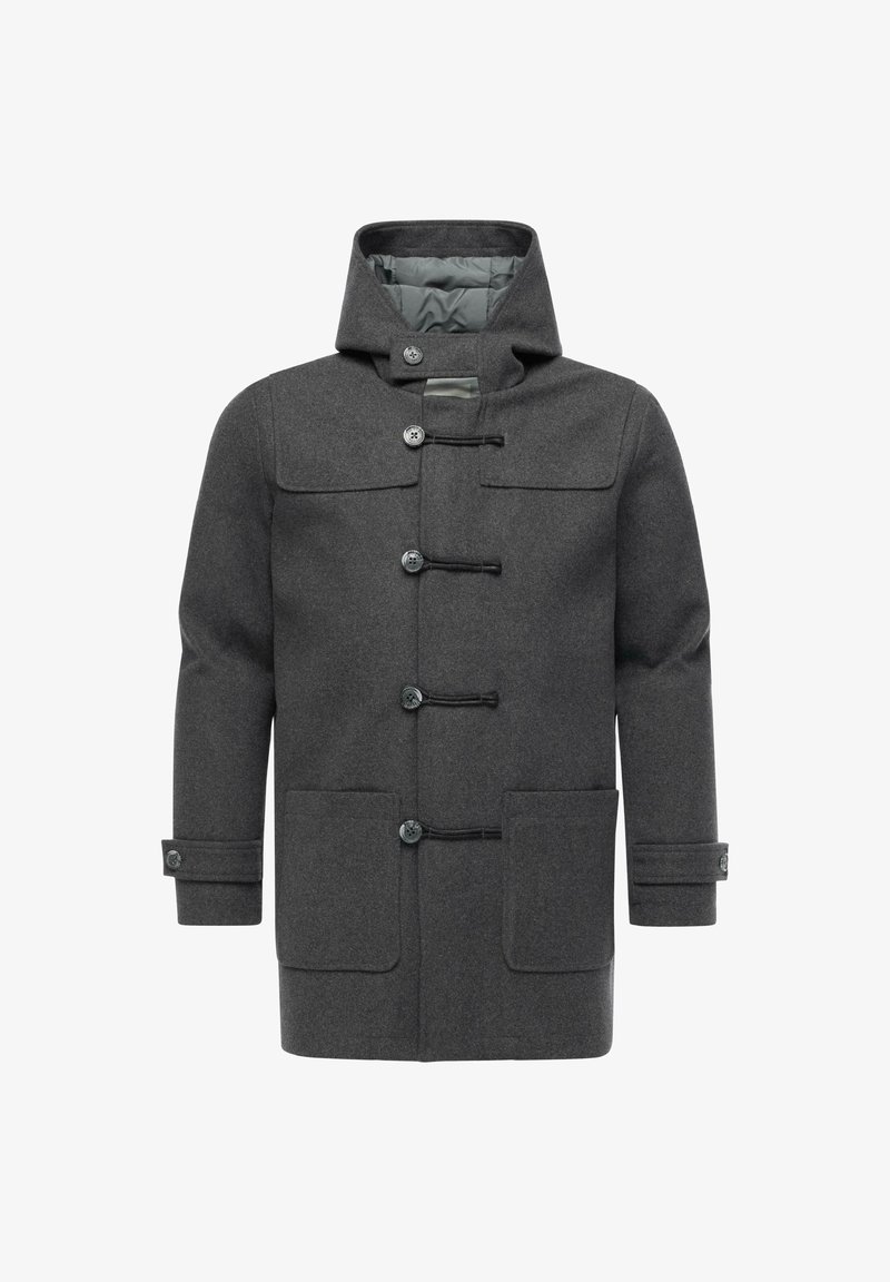 Mørkegrå uldfrakke med hætte, toggle knapper, to forlommer og knaplukning ved ærmerne, præsenteret på en hvid baggrund.