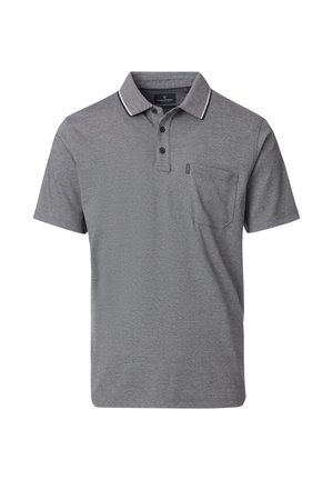 Graues Herren-Poloshirt mit kurzen Ärmeln, Dreiknopfleiste, Brusttasche und schwarzer Kragenkante.