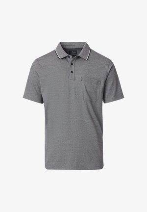 Graues Herren-Poloshirt mit kurzen Ärmeln, Dreiknopfleiste, Brusttasche und schwarzer Kragenkante.