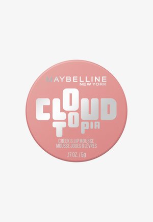 Boîte ronde rose de mousse pour joues et lèvres Maybelline New York Cloud Topia, 5 g / 0,17 oz, avec texte argenté et blanc sur le couvercle.