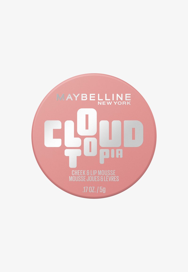Boîte ronde rose de mousse pour joues et lèvres Maybelline New York Cloud Topia, 5 g / 0,17 oz, avec texte argenté et blanc sur le couvercle.