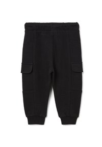 Schwarze Jogginghosen aus weichem Stoff, mit elastischem Bund, Bündchen an den Knöcheln und zwei seitlichen Cargo-Taschen mit Klappen.