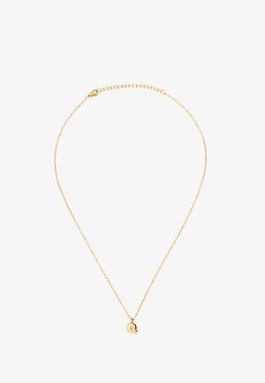 Collana delicata in oro con un piccolo ciondolo circolare che presenta un piccolo dettaglio ad anello attaccato, chiusura e catena di estensione visibili.