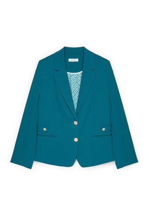 Azurový blejzr z hladké látky, s klopovým límcem s výstřihem, dvěma předními kapsami a dvěma zlacenými knoflíkovými zapínáními. Vnitřní podšívka má geometrický vzor.