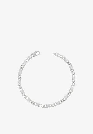 Silberfarbenes Kettenarmband mit abwechselnd glatten und strukturierten flachen Gliedern und einem Karabinerverschluss vor weißem Hintergrund.