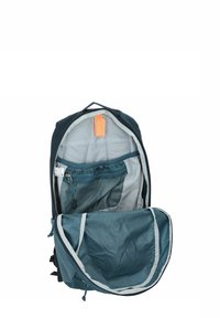 Mochila azul con un compartimento principal con cremallera, bolsillo de malla y forro gris. Presenta un bolsillo exterior y una tira de cremallera de color naranja brillante.