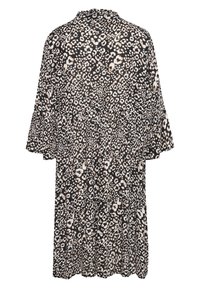 Šaty s leopardím vzorem v černé a béžové barvě, s volánkovým výstřihem, krátkými rukávy a vrstveným designem. Vyrobené z lehké tkaniny.