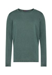 Grün melierter Pullover mit langen Ärmeln aus strukturiertem Stoff, mit Rundhalsausschnitt und gerippten Bündchen, im entspannten Schnitt.