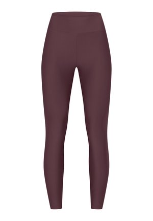 Geribde bordeauxrode legging met een hoge taille en een getailleerd ontwerp, gemaakt van rekbaar materiaal voor comfort en bewegingsvrijheid.