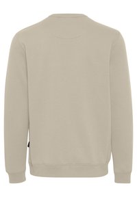 Sudadera beige clara con escote redondo, mangas largas, puños y dobladillo acanalados, con una textura simple y suave y sin patrones visibles.