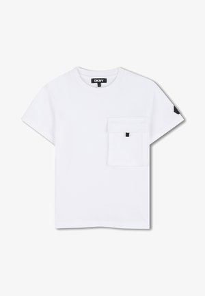 Wit T-shirt met korte mouwen, voorzien van een zakje op de linkerkant en een zwarte accent op de mouw. Gemaakt van gladde stof met een ronde hals.