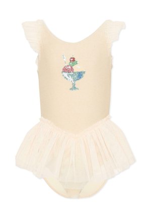 Kremowy body dla niemowląt z falbanowymi krótkimi rękawkami i spódniczką, z błyszczącą grafiką lodowego deseru na wysokości klatki piersiowej.