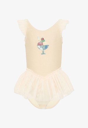 Crèmekleurig babyrompertje met geplooide mouwtjes en rokje, met een glinsterende afbeelding van een ijscoupe op de borst.