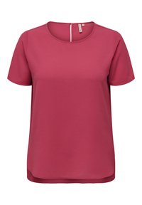 Short-sleeve, round-neck, raspberry-colored women's blouse with a back button loop closure and smooth textured fabric.