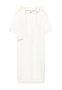 Korte mouw witte hoodie jurk van zacht materiaal, met roze accenten en logo-print. Inclusief trekkoordjes aan de capuchon voor aanpassing.
