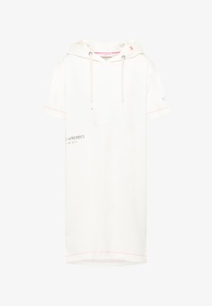 Short-sleeve white hoodie dress made of soft fabric, featuring pink accents and logo print. Includes drawstrings on the hood for adjustment.
