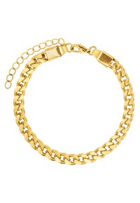 Bracciale in oro con finitura testurizzata, caratterizzato da maglie intrecciate e un gancio a molla, include un'estensione della catena regolabile.