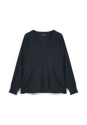 Pulover negru tricotat cu decolteu în V, mâneci lungi și stropi subtile de metal în toatățe. Textură moale și croială lejeră.